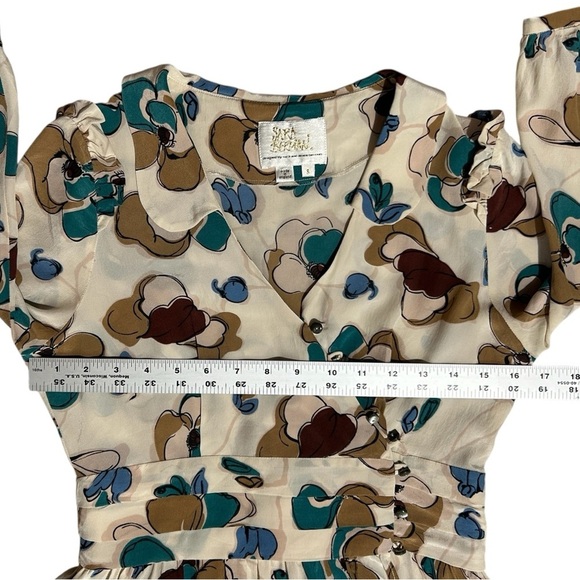 Vtg SARA BERMAN Silk Floral Chiffon Wrap Dress sz S Brown Blue Abalone Buttons - Picture 3 of 13